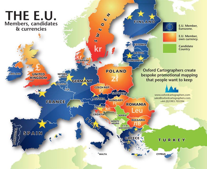 Europe Currencies Map Oxford Cartographers