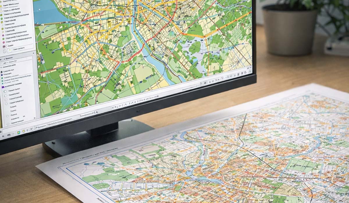 Detailed GIS planning map displayed on screen alongside printed professional cartographic output used for infrastructure and planning analysis.